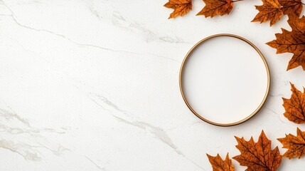 Wall Mural - Autumn leaves framing a circular wooden frame on a marble background; perfect for seasonal designs.