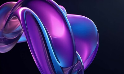 Poster - 
3D render, abstract glass shapes with a purple and blue gradient on a black background, elegant curves and swirls.