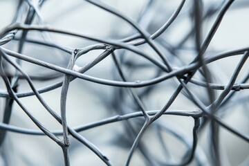 Aufkleber - An abstract image displaying a tangle of wires intricately woven together, forming a complex network against a minimalist background, evoking thoughts of connectivity.