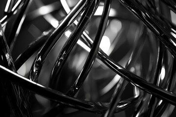 Leinwandbilder - The image displays a dark, abstract tangle of glossy wires, weaving together to form an intriguing shape, set against a contrasting background, representing complexity.