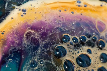Poster - A vibrant array of colorful bubbles and fluid patterns form a beautiful abstract composition, showcasing dynamic movement and brilliant colors in a fluid art style.
