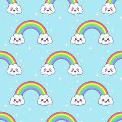 Wall Mural - Vector seamless pattern. Kawaii rainbows and clouds on sky blue background with smiling faces and black outline. Best for textile, wallpapers and nursery decoration.