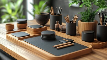 Poster - A table with a black desk pad and a variety of pens, pencils