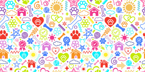 Wall Mural - Colorful doodles seamless pattern enargetic pet dog cat theme vintage vector texture fabric textile paper print packaging wrapping white background