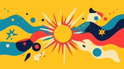 Poster - A colorful painting of a sun with a blue and yellow background