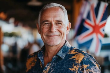 An older man with a warm smile poses outdoors, with a flag in the background, capturing a moment of joy and camaraderie in this engaging photograph.