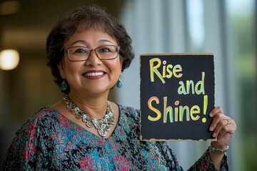 a smiling woman holds up a sign with the words 'rise and shine!' written in colorful lettering, exud