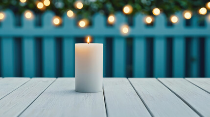 Aufkleber - White candle burning on empty table in a garden with fairy lights