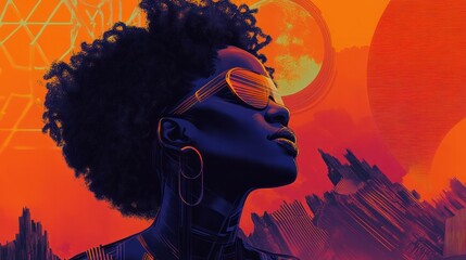 Fototapete - A woman with a black afro is wearing sunglasses and looking up at the sky