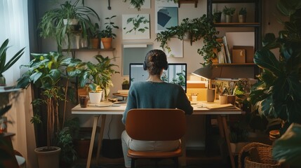 A dynamic shot of a solopreneur taking a video call with a client from a cozy, well-organized workspace