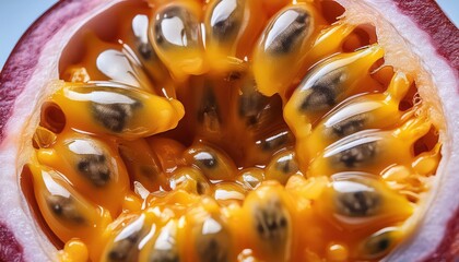 Poster - Close-Up of Juicy Passion Fruit Seeds Bursting with Vibrant Yellow Pulp and Dark Seed Details, Capturing the Exotic Essence of Tropical Fruit in Fresh, Organic, and Raw Natural Form