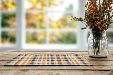 Poster - Empty table presenting cozy autumn atmosphere by window