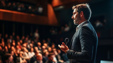 A dynamic shot of an entrepreneur presenting a sustainable business model at a conference