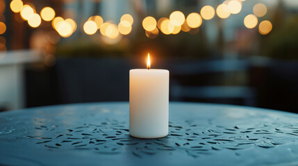 Aufkleber - White candle burning on an empty table in a restaurant