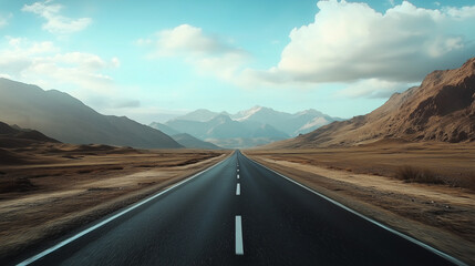  A deserted road leading through an endless landscape towards majestic mountains on the horizon under a clear sky with white clouds