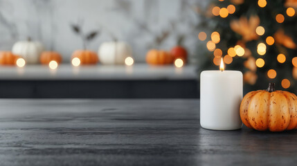 Poster - Empty dark wooden table with burning candle and pumpkin decoration