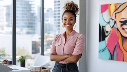 Portrait of a Smiling Woman in a Pink Shirt and Jeans, Standing in Front of an Abstract Painting