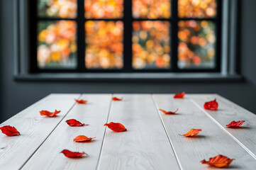 Poster - Red autumn leaves lying on empty table near window