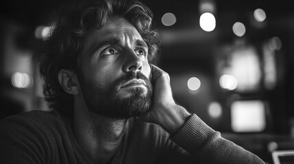 Poster - A man with a beard and a black shirt is looking down