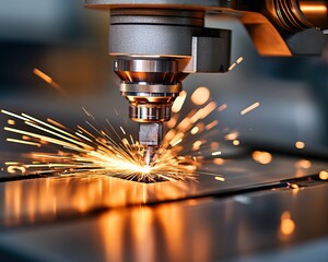 Close-up of a laser cutter in action, with sparks flying and intricate metalwork being created.