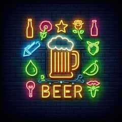 Neon beer sign. Nightly bright beer bar emblem