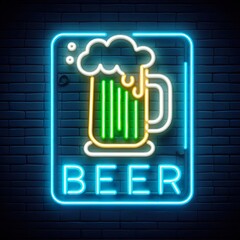 Neon beer sign. Nightly bright beer bar emblem