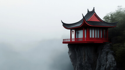 Serene Chinese temple on the side of a mountain with mist rolling in