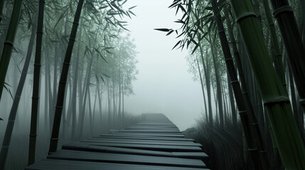 Serenity of a Chinese bamboo forest in the early morning mist