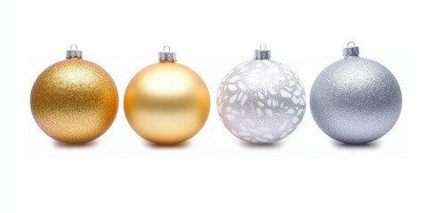 A festive arrangement of four Christmas ornaments in different designs and colors, including gold glitter, smooth gold, silver with white patterns, and silver glitter, perfect for holiday decorations