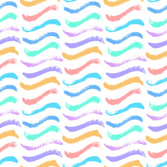 Aufkleber - Vector waves pattern. Seamless colorful brush stroke background. Wavy print in pink, purple, blue, orange, yellow and white colors. Painted ornament for kids. Rainbow motif. Childish design