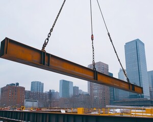 Steel beam being lifted on a construction site with a city skyline in the background, showcasing urban development.