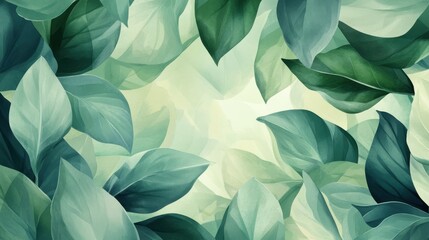 Wall Mural - a watercolor background with a gradient of greens and yellows, featuring abstract leaves in the fore
