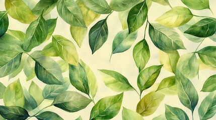 Wall Mural - a watercolor background with a gradient of greens and yellows, featuring abstract leaves in the fore