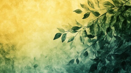 Wall Mural - a watercolor background with a gradient of greens and yellows, featuring abstract leaves in the fore