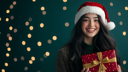 Poster - A cheerful young woman wearing a Santa hat smiles as she holds a beautifully wrapped Christmas gift, surrounded by twinkling lights that add to the festive atmosphere of the holiday season.