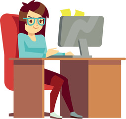 Poster - woman in glasses work at computer. freelancer cartoon character