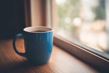 Poster - A blue mug filled with hot coffee sits by a window, with warm sunlight streaming through and casting a tranquil and inviting atmosphere perfect for relaxation.
