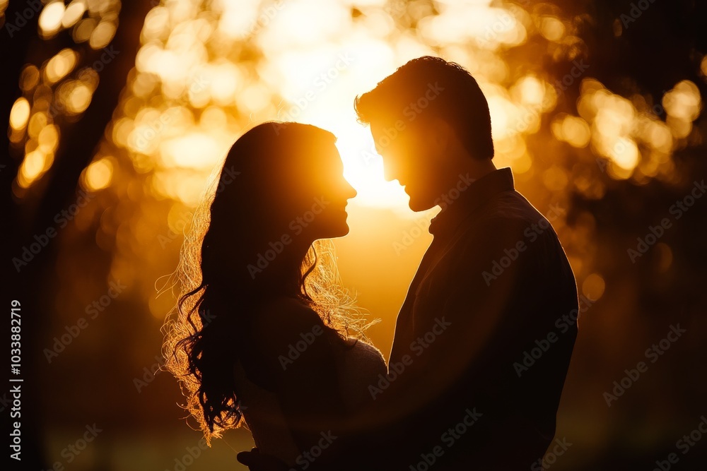 A silhouetted couple shares a tender embrace as the sun sets behind ...