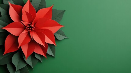 Poster - Paper cut style pattern of a red poinsettia flower with copy space on a green background for Christmas