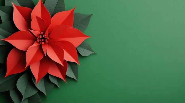 Paper cut style pattern of a red poinsettia flower with copy space on a green background for Christmas