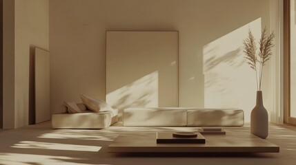 Aufkleber - Clean contemporary living room with white sofa and white couch, daylight from window freshness moment mock up interior, generative AI.