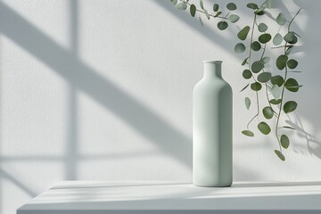 Poster - This mock up features a neutral sustainable natural brand product showcase template, a concrete texture wall with a podium stage in the background, a green glass vase with plants, and a neutral