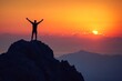 © ChaoticMind - An individual stands triumphantly on a rocky mountain peak with arms outstretched towards a breathtaking sunset, symbolizing freedom and the beauty of nature's wonders.