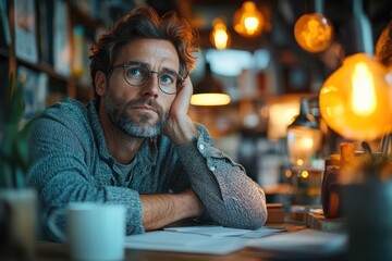 Aufkleber - A man is sitting at a table with a cup of coffee in front of him