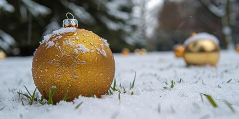 Golden Christmas ornament ball adorned with intricate snowflake pattern resting on fresh snow in a scenic winter landscape with blurred background