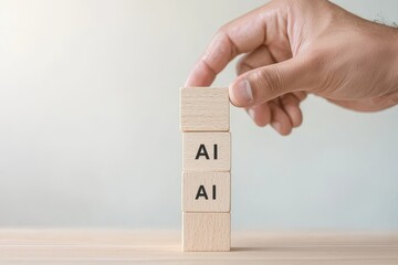 Fototapete - The AI technology concept shows a businessman stacking wooden blocks with AI tech icons for stock and solving problems or storing data. Big data management, automation, data storage.