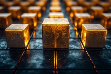 Poster - in this abstract composition, black and golden cubes are merged to create a sense of depth and dimen