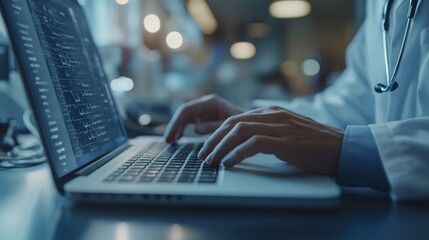 Poster - A healthcare worker wearing a lab coat is focused on typing on a laptop in a well-lit medical environment, likely updating patient records or researching information.