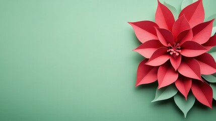 Poster - Paper cut style pattern of a red poinsettia flower with copy space on a green background for Christmas