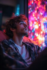 Poster - A man is sitting on a couch and looking at a colorful screen